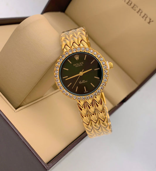 Cellini Qurtz Movement Green Color Dial & Gold Dial Vintage Braclet Watch Women Or Girls - Best Watch For Causal Use RLX-9529