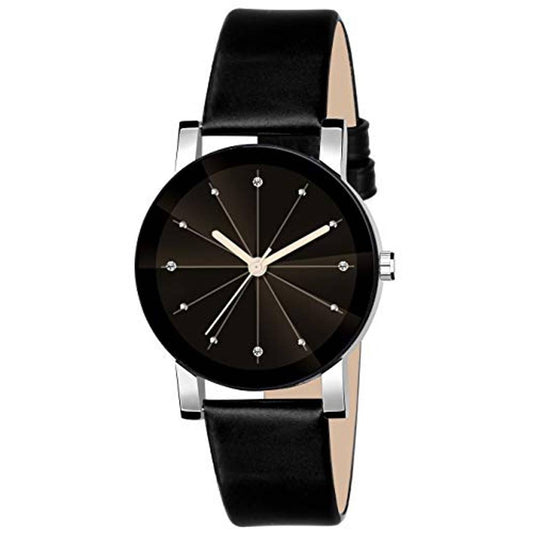 SWADESI STUFF Exclusive Design Analogue Crystal Watch For Girl And Women Best Gift (Black Dial New Diamond Cut Glass Leather Strap) SW-354