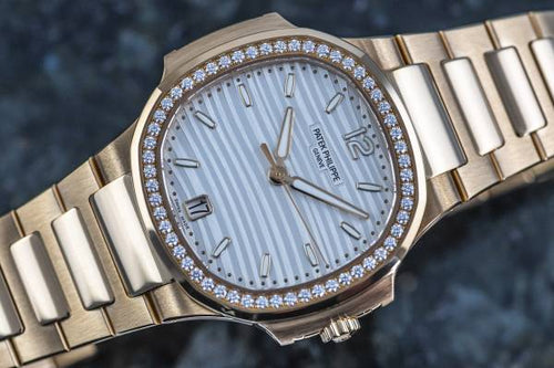 Patek Philippe Nautilus Diamond Bezel White Dial Rose Gold Strap Mad Watch Quartz Movement Dated Watch For Men's-Best Men's Collection PK-2135