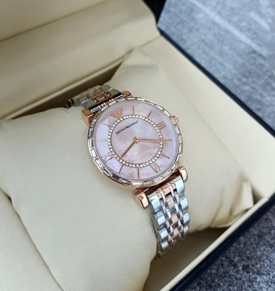 Emporio Armani Analog Machinsm Working Watch In Multi Color Strap And Pink Dial Stainless Steel Watch For Women's Or Girls Watch AR-1695