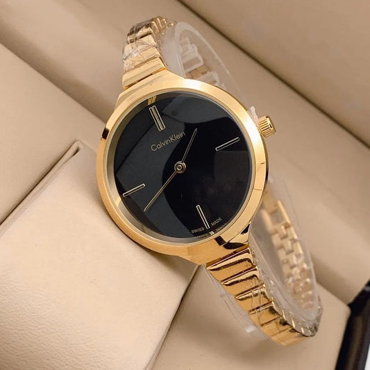 Gold Color Case Braclet Type Watch With Black Dial Women's Date Watch For Girl or Woman CK-9087 Dial Metal Gold Strap- Best Watch