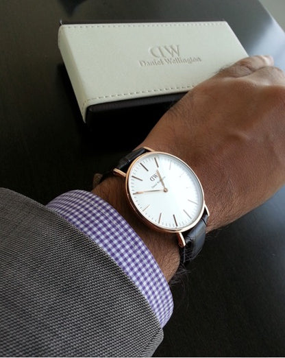 Daniel Wellington Analog Leather Strap White Color Dial Watch With Gold Case And Strap For Men's Watch DW-00100014 Dial - Best Watch for Casual Use