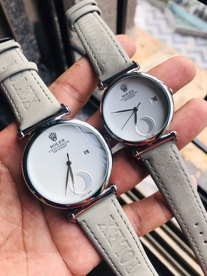 Analog Half Moon Perpetual Grey Leather Watch For Couple Rlx-Cpl-2134 White Dial Silver Case Best Gift Watch Ever