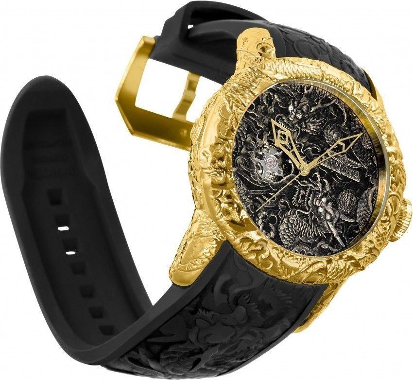 Invicta Mens S1 Rally 25082 Yakuza Black & Golden Silicon Strap Watch For Man Dragon Design Black Dial- Best Gift S1-25082