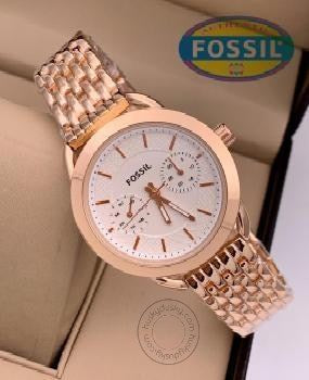 Rose Gold Strap Metal Women's ES-165 Watch For Woman Or Girl White Dial Date Gift Watch