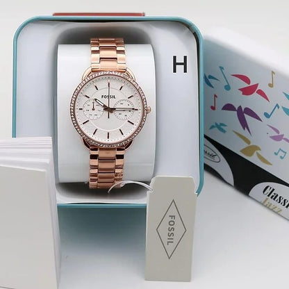 Analog Watch Es4264-White Stainless Steel Strap With Rose Gold Color Strap And White Dial Color Women's Or Girls Watch - Best Gift