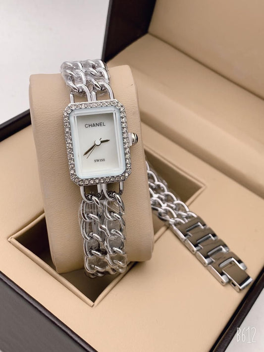 Silver Color Double Chain Strap New Stylish Branded White Dial Watch For Women And Girls-CH-202