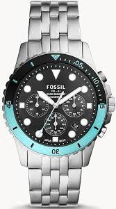 Fossil Men's Blue Sunray Dial and Turquoise and Black Bezel FB-01 Stainless Steel Dive-Inspired Casual Quartz Chronograph Watch