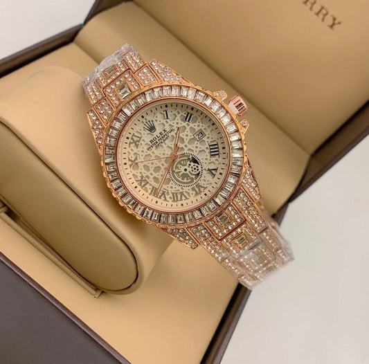 Rolex Diamond Set Watch Royal Rose Gold Color Stainless Steel With White Color Dial Watch For Men's And Women's -Best For Stylist Look- RLX-8910