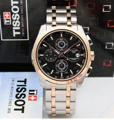 Tissot Chronograph Dual Tone Men's Watch for Man TS 321SG GB Silver Rose Gold Black Dial 1853 Gift