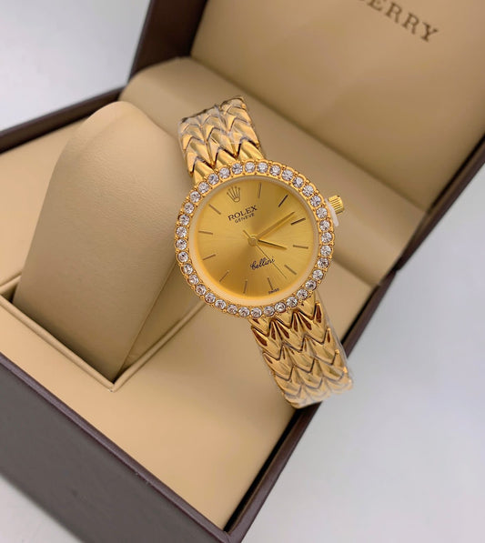 Cellini Qurtz Movement Gold Color Dial & Gold Case Vintage Braclet Strap Watch Women Or Girls - Best Watch For Causal Use RLX-9649