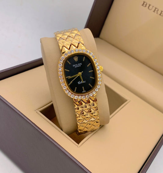 Qurtz Movement Women's Watch Gold And Gold Diamond Case & Black Dial Vintage Designer Strap Watch Women Or Girls - Best Watch For Causal Use RLX-OREL