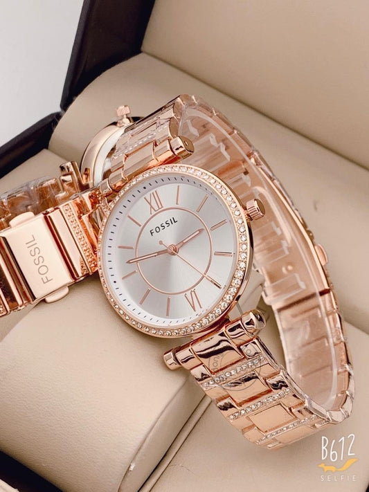 Rose Gold Metal Diamond Case&Strap Watch For Women's Es8020 Design White Dial For Girl Or Woman Best Gift Date Watch