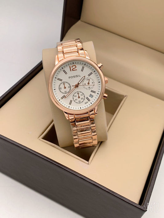 Analog Watch Chronograph White Dial Case Watch Rose Gold Stainless Steel Strap Watch For Girl Or Woman FS-8086 - Best Gift For Women