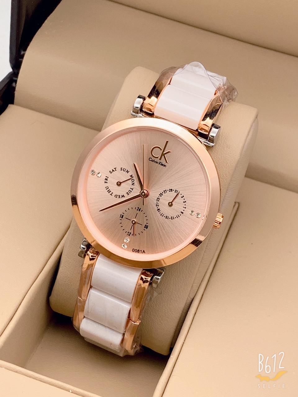 White And Gold Color Strap Women's Chronograph Watch For Girl or Woman CK-7071 Gold Dial Gold Case Metal Strap- Gift