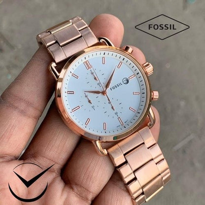 Fossil Analog Watch FS-5410-White Dial Stainless Steel Strap With Rose Gold Color Strap And White Dial Color Men;s Watch - Best Gift