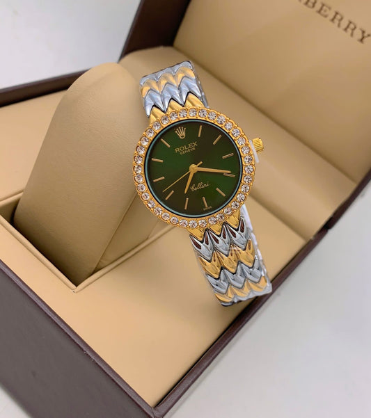 Cellini Qurtz Movement Green Color Dial Gold Dimond Case & Vintage Multicolor Starp Braclet Watch Women Or Girls - Best Watch For Causal Use RLX-9850