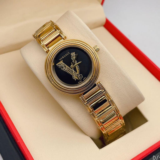 Branded Analog Gold Color Strap New Stylish Gold Color Case Women's Watch For Women And Black Dial Stainless Steel Watch- Best for Casual Use VER-V-1015