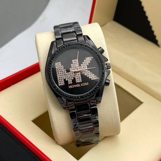 Premium Quality Swiss Watch With Black Diamond Case & Black Color MK Diamond Dial Stainless Steel Watch For Women's Design For Girl Or Woman Best Gift Date Watch- MK-8257