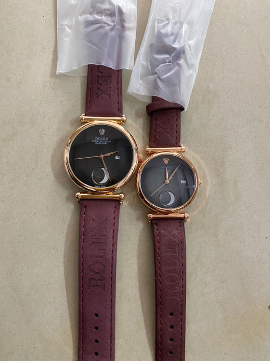 Analog Perpetual Maroon Leather Watch For Couple Rlx-Cpl-868 Black Dial Gold Case Best Gift Watch Ever