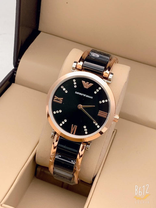 Metal Watch AR-532-66 Black And Gold Strap With Black Dial And Golden Case Women's Or Girls Watch Watch-Best Causal Watch Ever