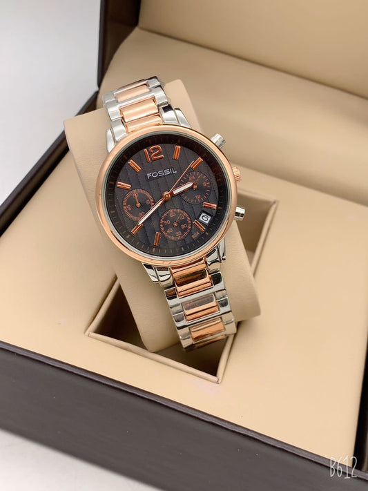 Analog Watch Chronograph Black Dial Case Watch Rose Gold Stainless Steel Strap Watch For Girl Or Woman FS-8087 - Best Gift For Women