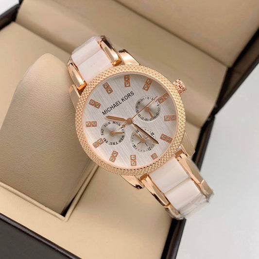 Chronogragh watch With Golden Color Metal Case & White And Gold Strap Watch For Women's Design Golen Dial For Girl Or Woman Best Gift Date Watch- MK-8010