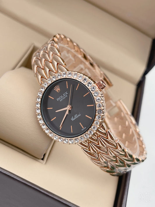 Cellini Qurtz Movement Black Color Dial Gold Rose Gold Dimond Case & Vintage Rose Gold Braclet Watch Women Or Girls - Best Watch For Causal Use RLX-9866