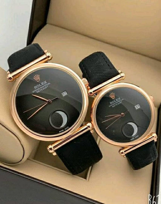 Analog Perpetual Black Leather Watch For Couple Rlx-Cpl-747 Black Dial Gold Case Best Gift Watch Ever