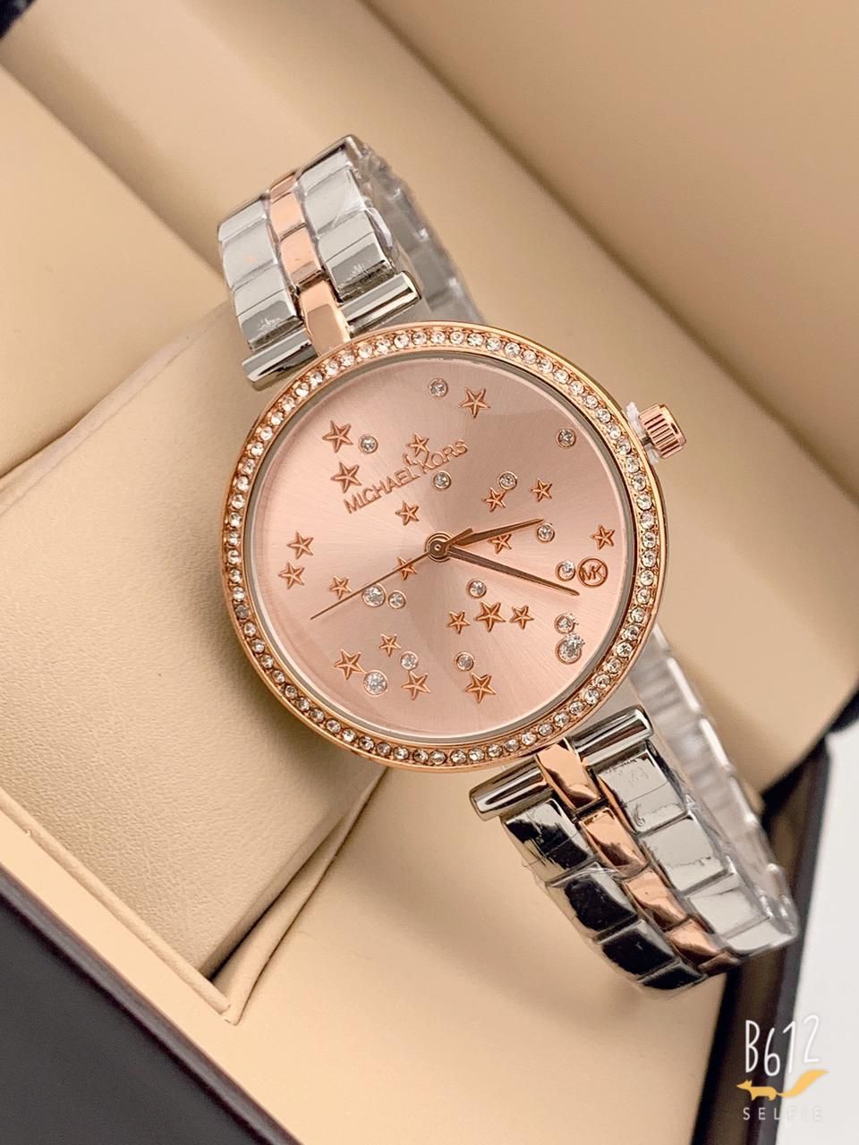 MK Silver Steel Women's MK-6470 Watch for Girl or Woman Rose Gold Star's Dial Diamond- For Gift