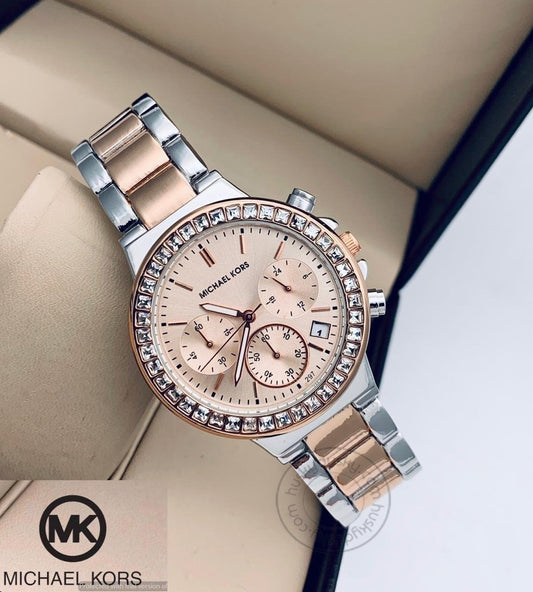 White Dial Women's Watch For Girl Or Woman MK-145 Chronograph Multi Dial Silver Gold Day Date