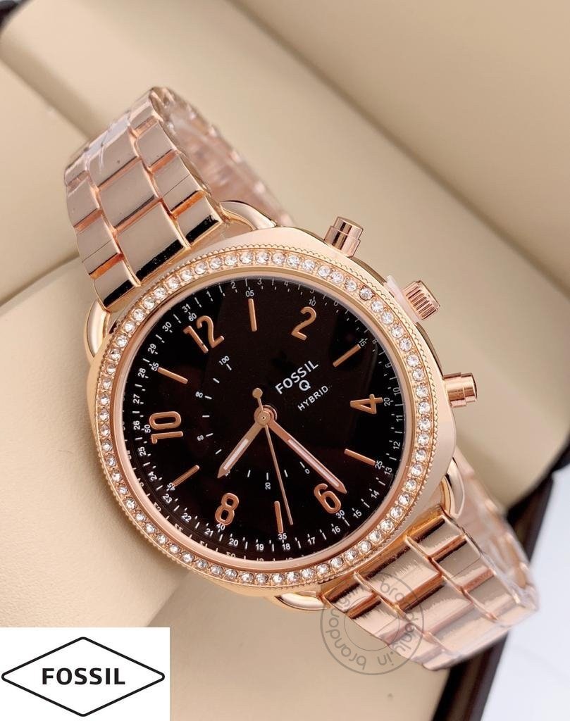 Q Hybrid Women's Watch For Girl Or Woman Fs-Lad-Gb Rose Gold Metal Strap Black Dial - Best Gift