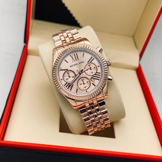 Chronogragh Watch With Rose Gold Metal Case & Rose Gold Dial Dated Watch For Women's Design For Girl Or Woman Best Gift Date Watch- MK-9881