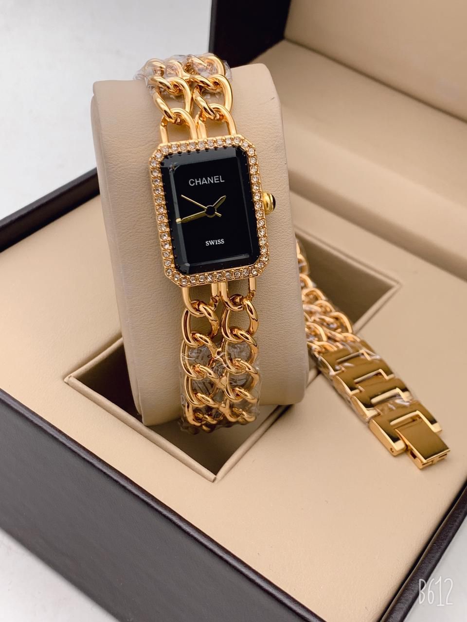 Gold Color Double Chain Strap New Stylish Branded Black Dial Diamond Case Watch For Women And Girls-CH-204