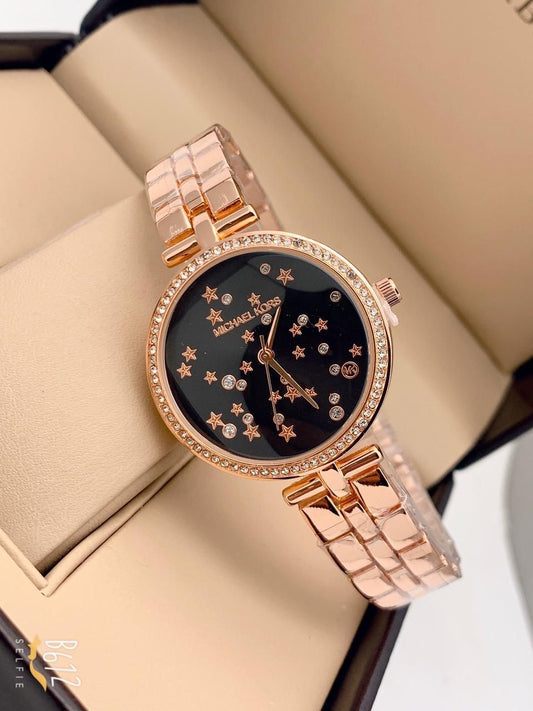 Rose Gold Metal Strap Women's MK-3727 Watch for Girl or Woman Black Dial Diamond- For Gift