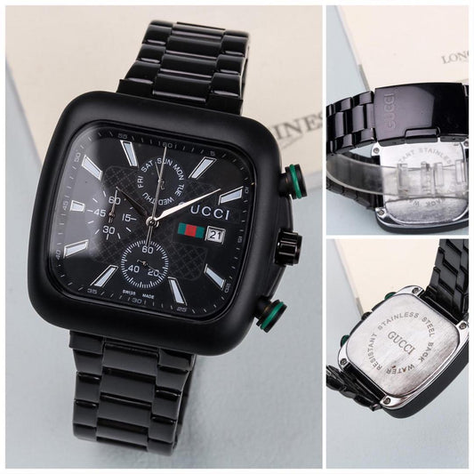 GC Chronograph Full Black Color Strap Men's Watch For Man Black Dial Date Gift Watch GC-BLK-MTL