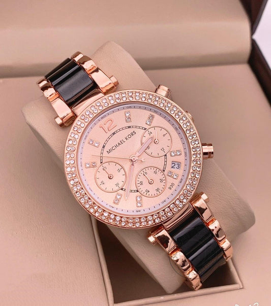 Two-Tone Starp Women's Chronograph Mk-033 Watch For Girl Or Woman Rose Gold Dial Diamond Case Date Best Gift For Women