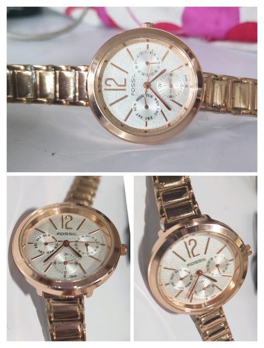 Chronograph Rose Gold Stainless Steel Strap and White Dial Watch For Women's FS-5050