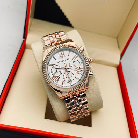 Chronogragh Watch With Rose Gold Metal Case & White Dial Dated Watch For Women's Design For Girl Or Woman Best Gift Date Watch- MK-9879