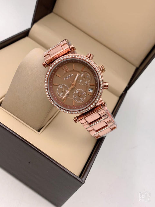 Chronograph Rose Gold Color Strap Watch for Girl or Women Brown Dial ES-3685