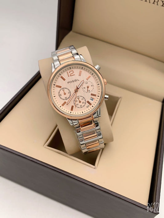 Analog Watch Chronograph White Dial Case With Rose Gold Color Case Watch Rose Gold Multicolor Stainless Steel Strap Watch For Girl Or Woman FS-8088 - Best Gift For Women