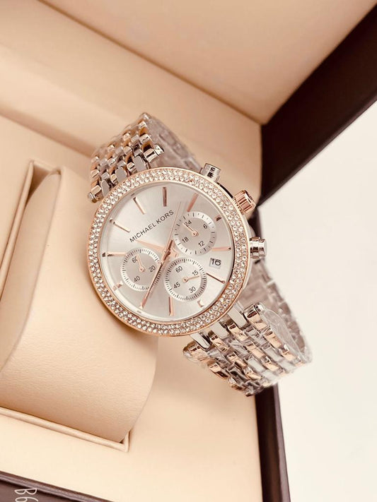 Chronograph Silver And Rose Gold Strap Women's Watch for Girl or Woman Silver Dial MK-9128