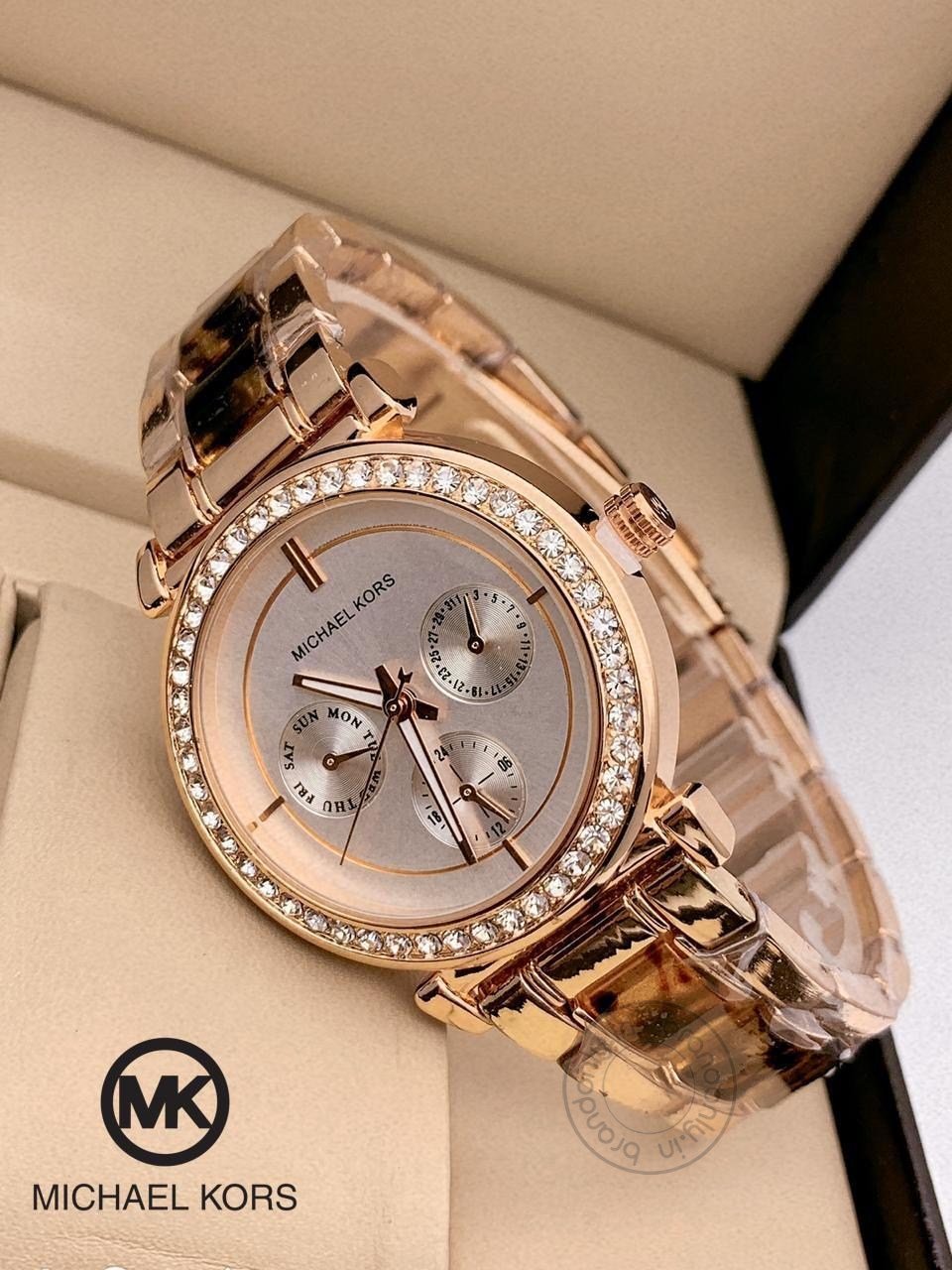 Two-Tone Strap Women's Mk-011 Watch For Girl Or Woman White Dial Diamond Case Day And Date Best Gift For Women