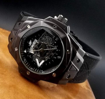 Hublot Latest Collection II All Black Chronograph Watch With Black Analog Mens Watch Black Case Black Dial With Leather Belt Watch For Man HB-BB-6690