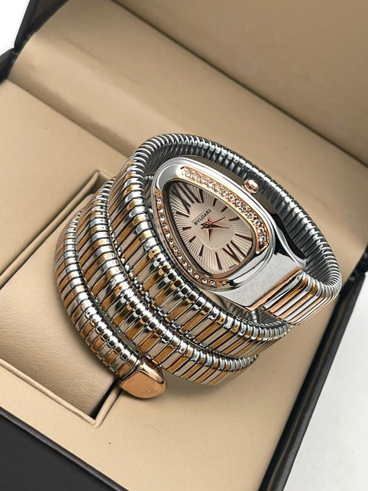 Serpenti Tubogas Analog Watch With Multicolor Color Stainless Steel Case & Strap Watch With Off White Color Opaline Dial Designer Bracelet Strap Double Spiral Watch BV-101827