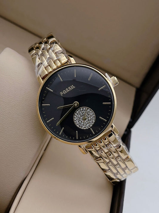 Women's Quartz Watch Black Dial with Stainless Steel, Golden Strap, Perfect for gifting FS-5568