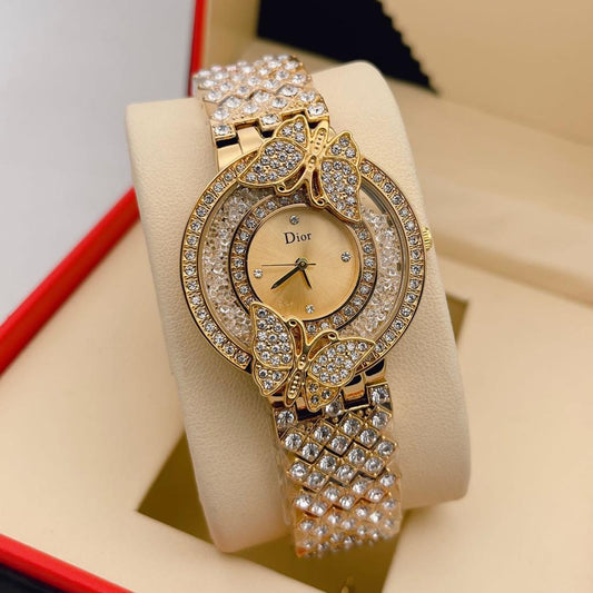 Designer Quartz Swiss made DR-893 Watch With Gold Dial Golden Diamand Cover Strap And Butterfly design Case Watch for Women and Girls Vintage Collection- Best Gift