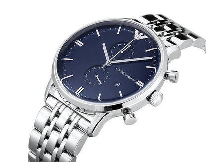 Emporio Armani Chronograph Silver and Blue tone Strap Date men's Watch For Men With Blue Dial AR1648 Gift Best watch