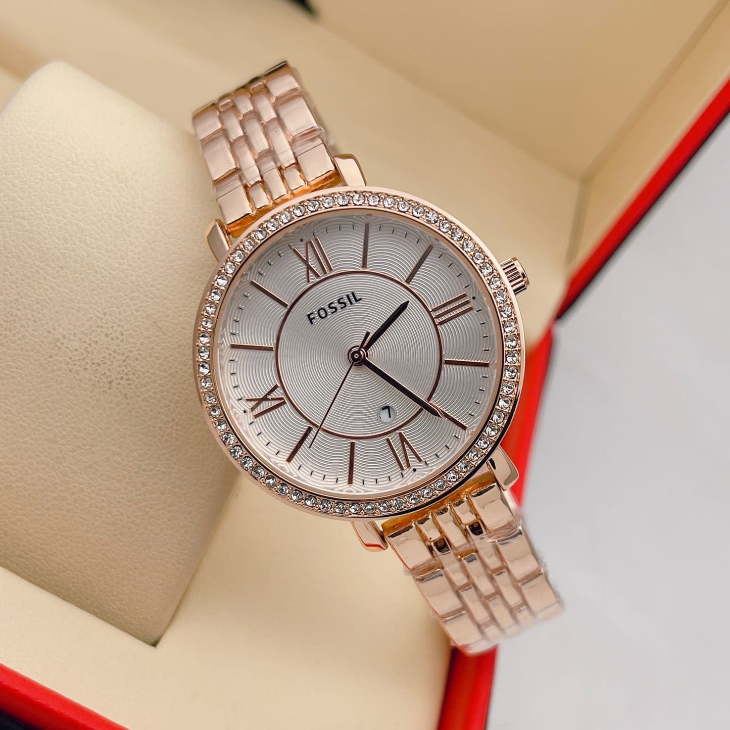 Rose Gold Metal Diamond Strap Watch For Women's Es3547 Design White Dial For Girl Or Woman Best Gift Date Watch