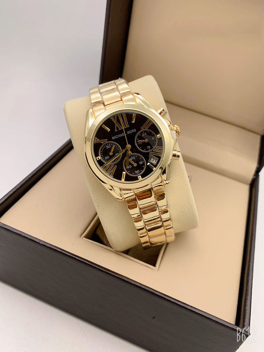 Chronograph Golden Strap Watch for Girl or Women Black Dial MK-7595